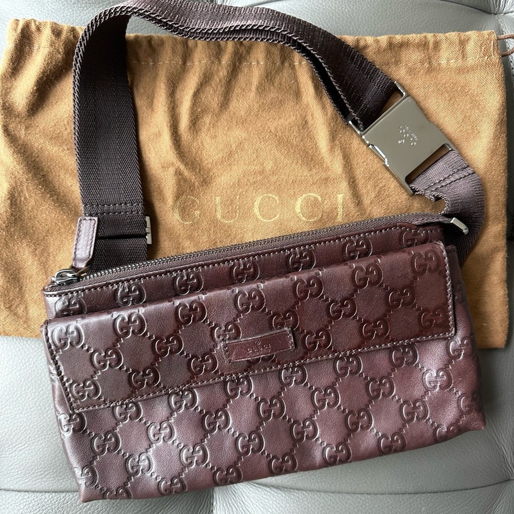 Authentic Gucci Belt Bag in Brown Logo Embossed Leather
